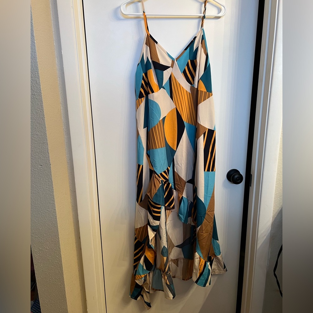 Shein Curve Multi-color Color Blocking High Low Spaghetti Strap Dress